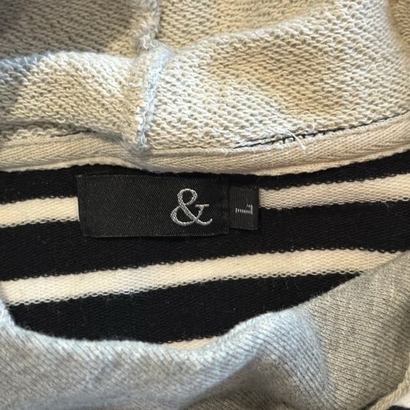 Ampersand Double Hoodie Black White Gray Stripe Baseball Style Tunic Sweatshirt - Picture 10 of 13